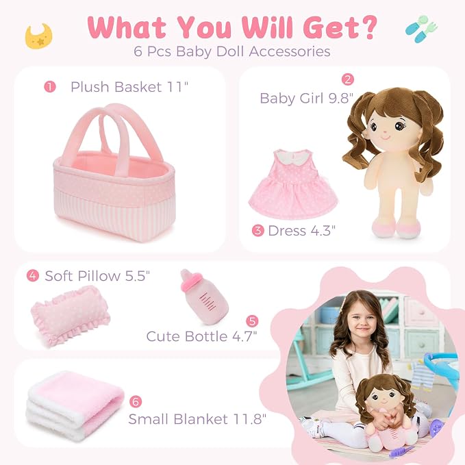 MaoGoLan 6Pcs Pink Baby Doll Set, 11'' Baby Doll Accessories, Soft Plush Doll with Portable Bassinet, Blanket, Bottle & Clothes, Pretend Play Set, Ideal Valentine Christmas Birthday Gift for Girls