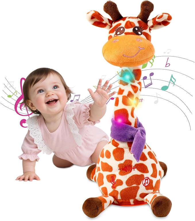 LUKETURE Musical Dancing Talking Giraffe Plush Toy, Yellow and White Spotted, Talking Baby Toy with Lights, 10 Songs and Voice Repeat, Soft Sensory Gift
