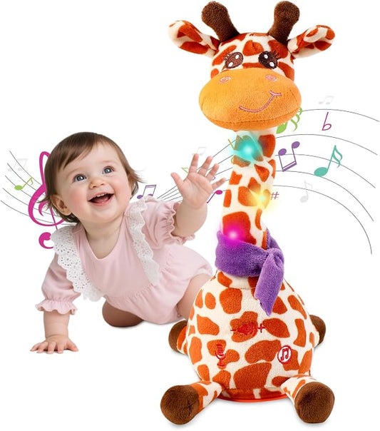 LUKETURE Musical Dancing Talking Giraffe Plush Toy, Yellow and White Spotted, Talking Baby Toy with Lights, 10 Songs and Voice Repeat, Soft Sensory Gift