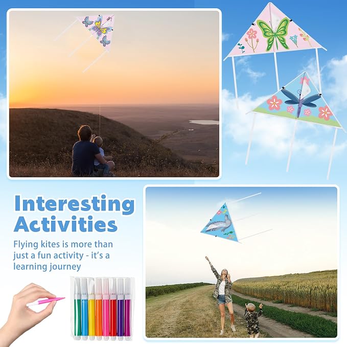 Syhood 60 Pcs DIY Coloring Kites Kit for Kids Pre-Printed Cartoon Animal Kites Summer Decorating Making Kit with Watercolor Pens and Strings Handles for Outdoor Game and Activities