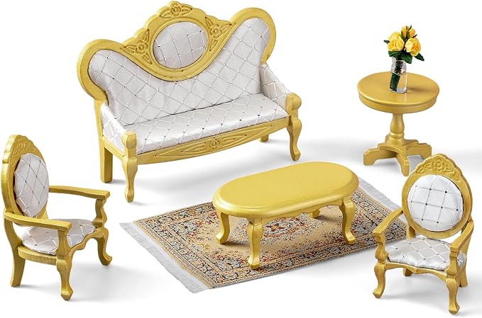 Skylety 7 Pcs Wooden Dollhouse Furniture Set 1: 12 Scale Victorian Dollhouse Bedroom Furniture, Bed Dressing Table Wardrobe Carpet for Adults Toys Miniature Doll House Accessories(Gold,Fashion)