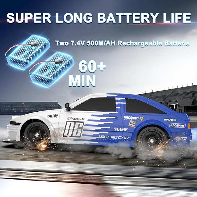 RC Drift Car Remote Control Car 2.4ghz 1/16 Scale 4WD High Speed RC Cars Vehicle with LED Lights Two Batteries and Drifting Tire Racing Sport Toy for Adults Boys Girls Kids Gift