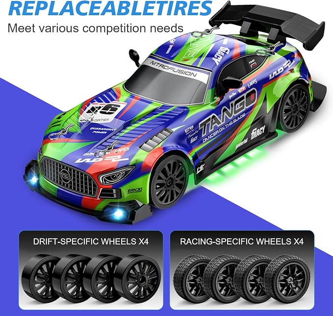 Drift RC Car for Electric Toy Car Hobby Racing Car Toys with Controller,1:24 4WD High Speed RC Drift Cars with LED Lights,Extra Drifting Tires＆Two Batteries,Racing Sport Toy,Vehicle for Adults＆Kids