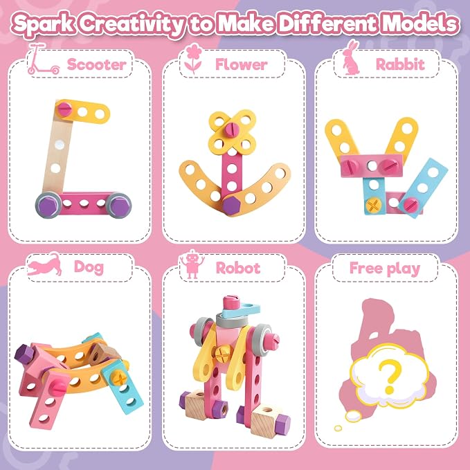 TONZE Wooden Kids Tool Set with Drill 44Pcs Montessori Toys for 3 Year Old Girl, Educational STEM Toys Toddler Tool Set with Apron & Box Birthday Gifts for 3 4 5 6 Year Old Girls (Pink)