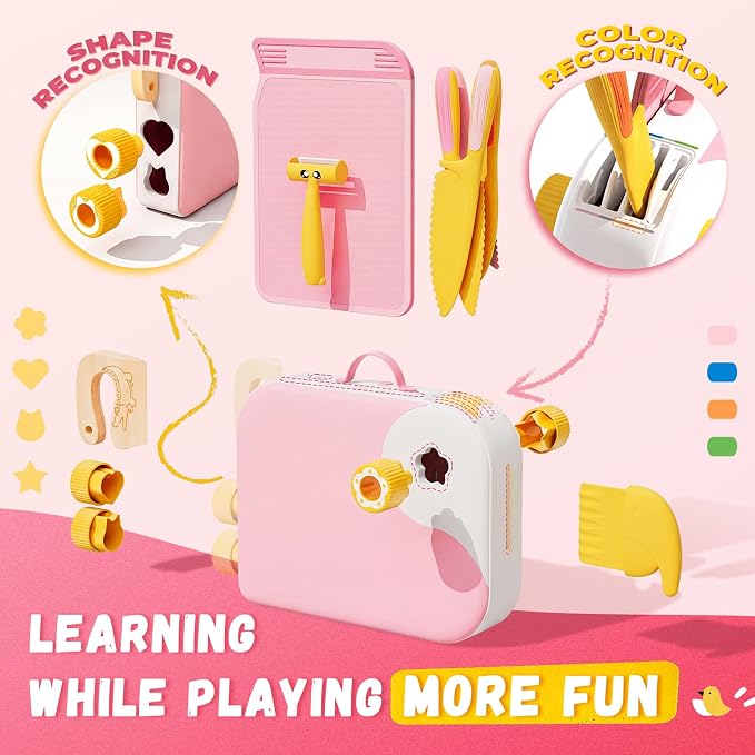 Montessori Kitchen Tools for Toddlers,Kids Knife for Real Cooking,Toddlers Knife Set with Storage Box Kids Safe Knives Children Cutting Set and Peeler,Montessori Toys for Kitchen Set -Pink