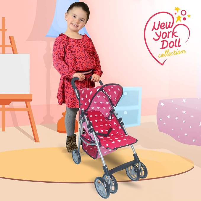 Baby Doll Stroller for Toddler Girls & Big Kids up to 8 Years Old | 28” Baby Stroller for Dolls, Toy Baby Stroller with Cute Pink Hearts Pattern, Storage Basket, Canopy, Handle Grips, Swivel Wheels