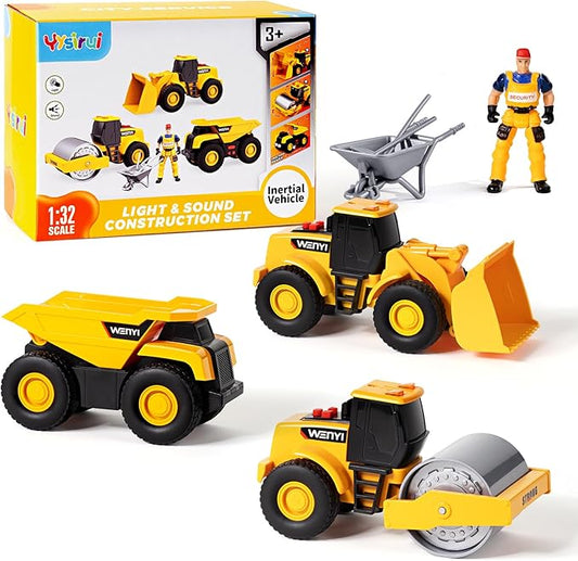 5 PCS Construction Vehicles Toy Set for Kids - Friction Powered Bulldozer, Dump Truck & Road Roller with Lights & Sounds, Sandbox Beach Sand Toys for Toddlers Boys Girls Ages 3-5 4-8, Birthday Gift
