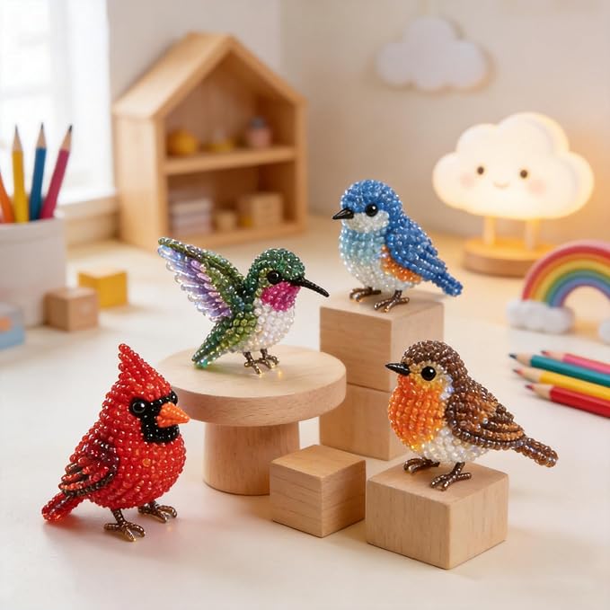 CJNEJGT Kid Friendly 3D Beaded Animal DIY Kit, Stress Relief Leisure DIY Bead Toy Set, Beginner Bead Embroidery Craft Gift with Step-by-Step Instructions (4PC Bird)