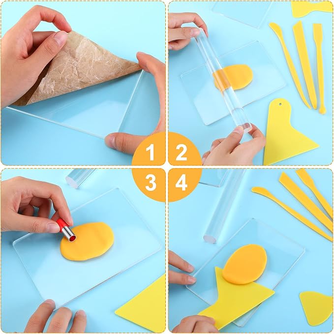 Honoson 57 Pcs Polymer Clay Cutters Tools Set Acrylic Clay Rolling Pin Roller Machine Acrylic Sheet Plastic Scraper Backing Board Stainless Steel Round Circle Shape Cutter for DIY Craft Ceramics