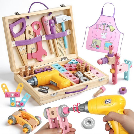 TONZE Wooden Kids Tool Set with Drill 44Pcs Montessori Toys for 3 Year Old Girl, Educational STEM Toys Toddler Tool Set with Apron & Box Birthday Gifts for 3 4 5 6 Year Old Girls (Pink)