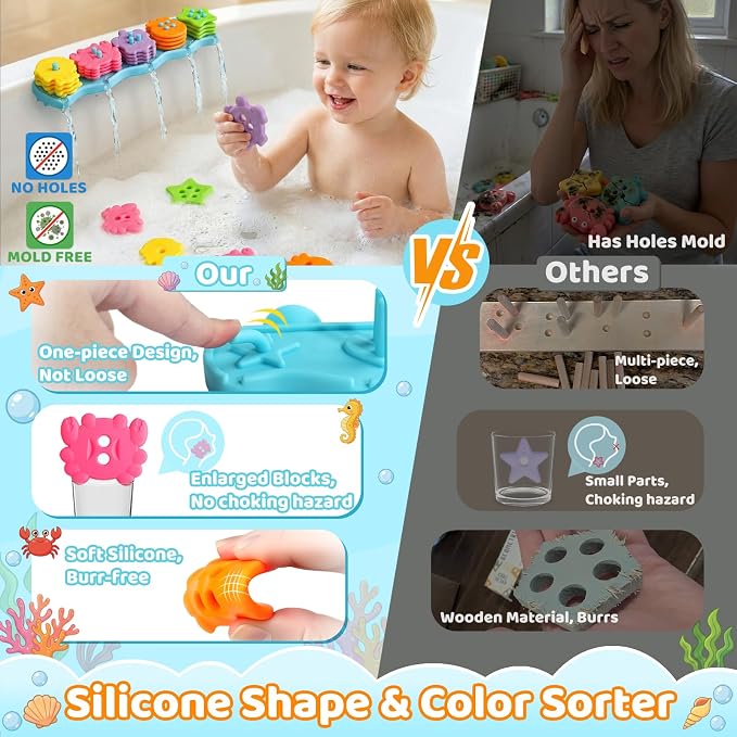 Bath Toys for Kids Ages 1-3 Mold Free Bath Toys Toddlers 2-4 Silicone 21 PCS Ocean Shape Sorters for Toddlers 1-3 Stacking Bathtub Suction Water Play Toys for Toddlers 3-5 Girl Boy Early Learning