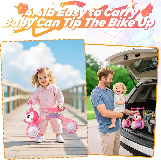 Unicorn Baby Balance Bike Ride on Toys for 1 2 Year Old, Toddler Bike, Birthday Gifts for 1 2 Year Old Girls, Colorful Lighting Silent Wheels, No Pedal, Safe Baby First Bike & Birthday Gift