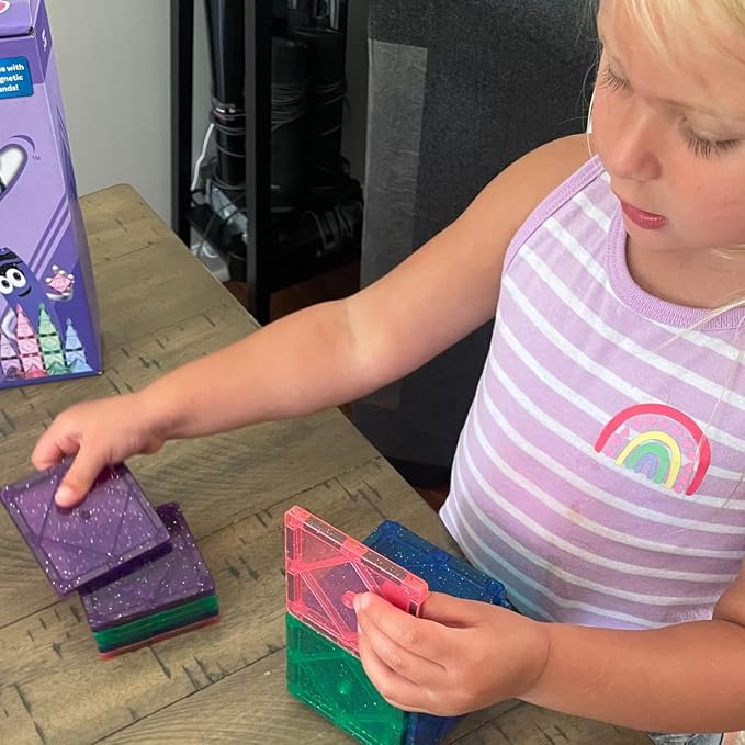 CreateOn Crayola Glitter Magnetic Tiles, Building Set for Kids, Magnetic Tiles, Kids’ Building Toys, STEM & Montessori Toys for Boys and Girls Ages 3+, 24-Piece Set (Glitter)
