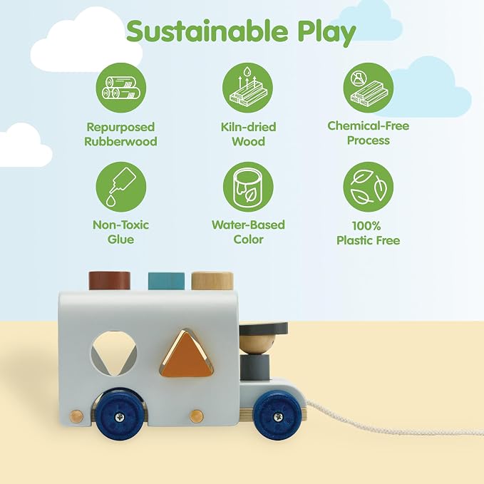 PlanToys® Wooden Shape Sorting Bus Toy for Kids Ages 3+ | Montessori Pull Along & Colour Learning Activity for Sorting, Coordination & Fine Motor Skills | Eco-Friendly Educational Playset
