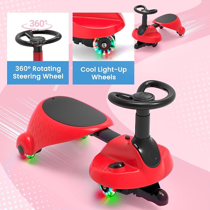 6V Electric Wiggle Car for Kids, 2-in-1 Ride On Swing Toy with Pedal, Adjustable Seat, 360° Steering, LED Flashing Wheels & Built-in Music, Anti-Rollover Ride-on Toy for Toddlers Ages 3+ Black