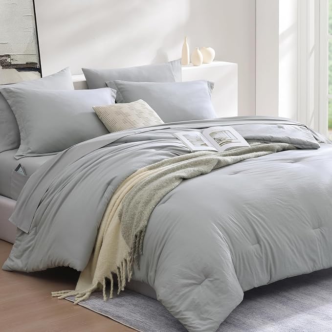 WRENSONGE Twin XL Comforter Set- 5 Pieces Light Grey Bed in a Bag, All Season Twin XL Bedding Sets with 1 Fitted Sheet, 1 Flat Sheet, 1 Pillow Sham and 1 Pillowcase