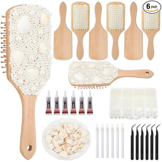 6 Sets DIY Wooden Hairbrush Craft Kit 10" White Hair brush Make Your Own Girls Night Party Supplies with Pearl Shell for DIY Gift Wedding Birthday Valentines Party Crafts (Square)