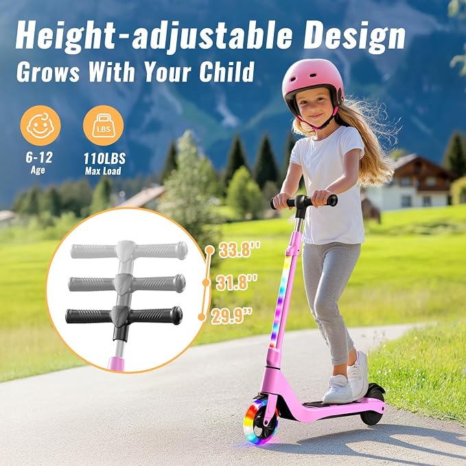 LIEAGLE Electric Scooter for Kids Ages 6-12, LED Light-Up Deck, Kids Scooters with 3 Adjustment Levels Handlebar to 36 Inches High,5.3" Wheel UL Certificated Kick Scooter