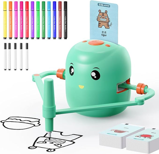Interactive Educational Drawing Robot for Kids - Montessori Learning Toy with 150 Word Cards, Voice Interaction, Ages 5+ (Green)