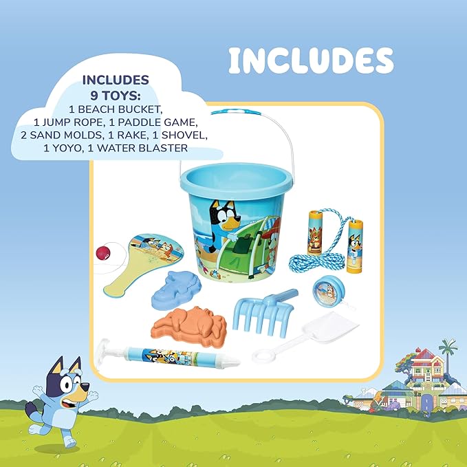 Little Kids Bluey Beach Toys Set | 9pc Sand Toys & Beach Bucket | Ages 3-10, Medium