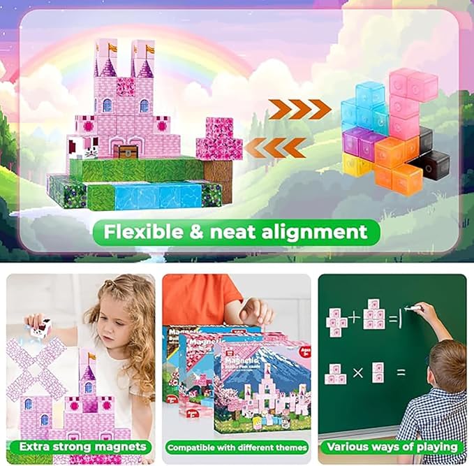 Pink Magnetic Building Blocks Magnetic Building Tiles Toys for Boys Girls Age 3+，Creative Plastic Magnet Square Gift for Kids Pink Castle 100PCS