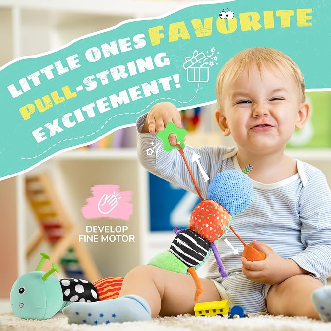 AWOTOY Baby Toys Sensory Music Caterpillar Stuffed Animals Infant Toys,Blue | Teething Toys 0-3-6-12 Months Tummy Time with Mirror Crinkle Rattle&Pull String for Newborn Boys Girls Shower Gifts Birthday