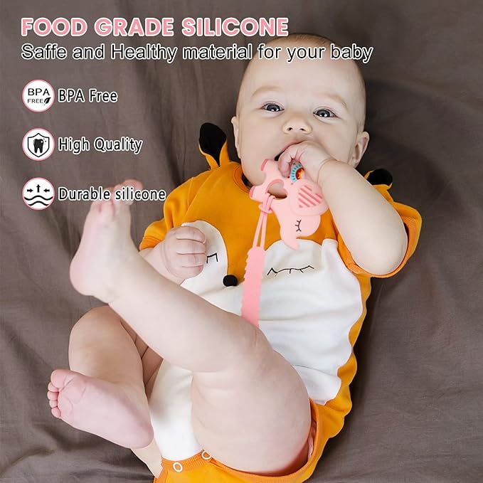 MISSLILI Teething Toys for Babies 0-6 6-12 Months Baby Teethers with Clip Silicone Baby Teether Toys for Boys and Girls Infant Teething Relief for Teething Elephant Shape, Pink