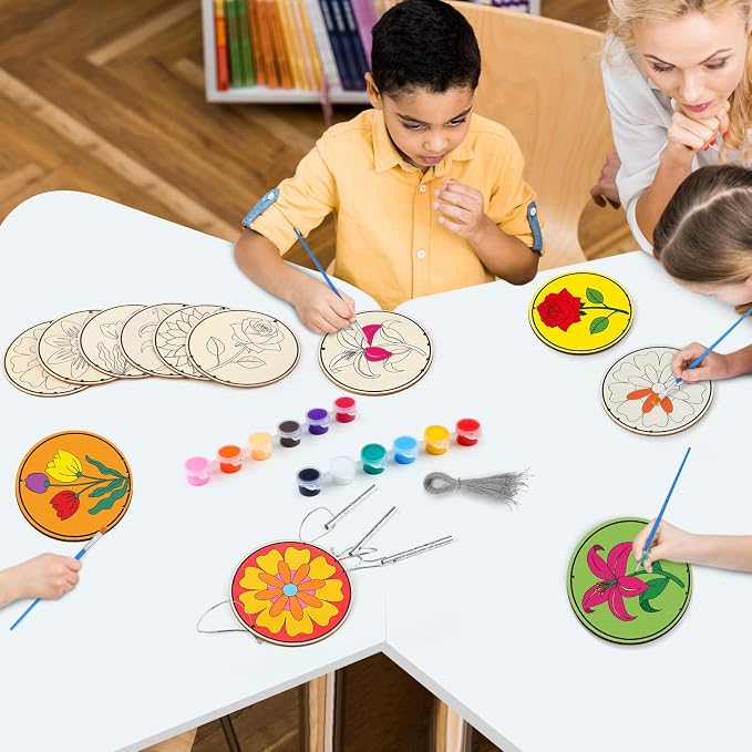 Silipull 24 Sets Summer Flower Wind Chimes Craft for Kids Back to School Color Your Own Windchime DIY Unfinished Wood Hanging Ornament Coloring Wind Chime for Kid Graduation Gift Party Supply
