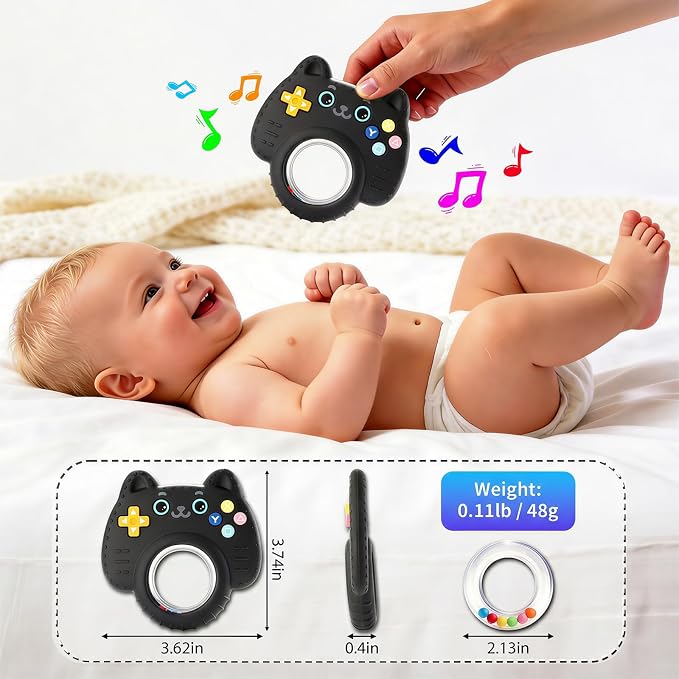 Baby Teether Toy Silicone Cat Teething Ring -Game Controller, Baby Rattle Toy Chew Sensory Toys for Babies Over 3 Months, Teething Relief for Newborn Infant Essentials 0-6 6-12 Months, BPA Free -Black