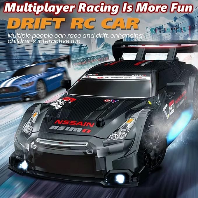 1:24 Scale RC Drift Car 4WD 2.4GHz 30KM/H High Speed Racing Sport Toy Car with LED Lights Racing and Drift Wheels Suitable for Beginners (8609-Blue)