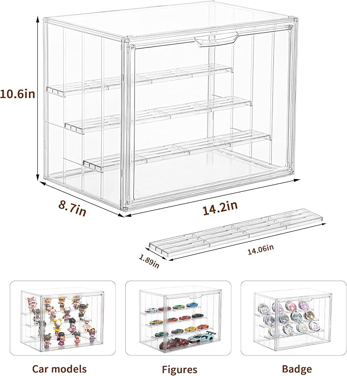 3 Pack Display Case for Collectibles 4 Layer Updated Adjustable Acrylic Display Case with Magnetic Door Clear Stackable Display Box Hobby Display Cases for Figures, Countertop