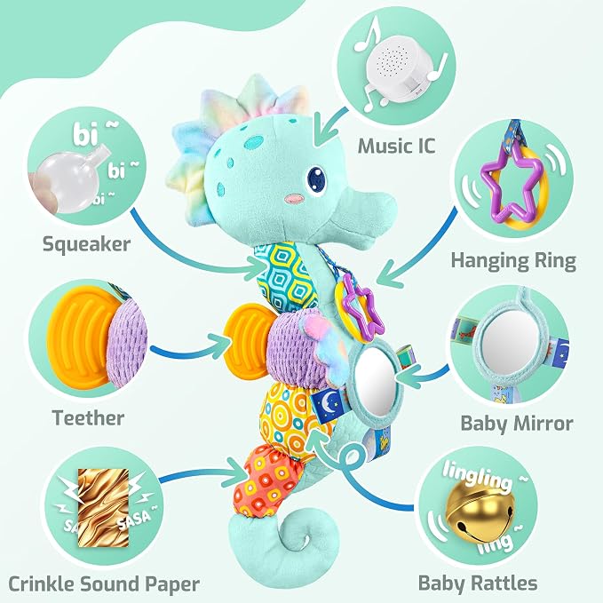 LIGHTDESIRE Baby Toys Sensory Musical Seahorse Soft Plush Stuffed Animals | Infant Toys with Teething Crinkle & Rattles for Newborn 0-3-6-12 Months Tummy Time Toys for Boys Girls Birthday Shower Gifts