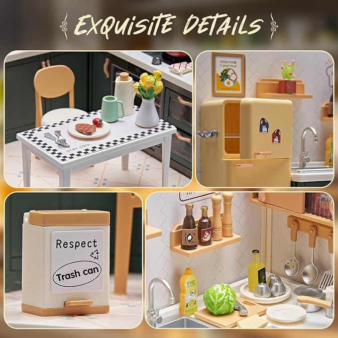 Miniature Kitchen DIY House Kit – 126Pcs Cooking Room Furniture Set with Plug-in LED Light & Modular Base, 1:24 Scale Model for Kids 8+, Teens & Hobbyists
