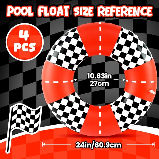 4 Pcs Racing Party Pool Floats, 24 Inch Checkered Flag Pattern Swim Ring for Kids Ages 5-8 Pool Tube, Inflatable Pool Toys for Hawaiian, Beach, Water Park Fun