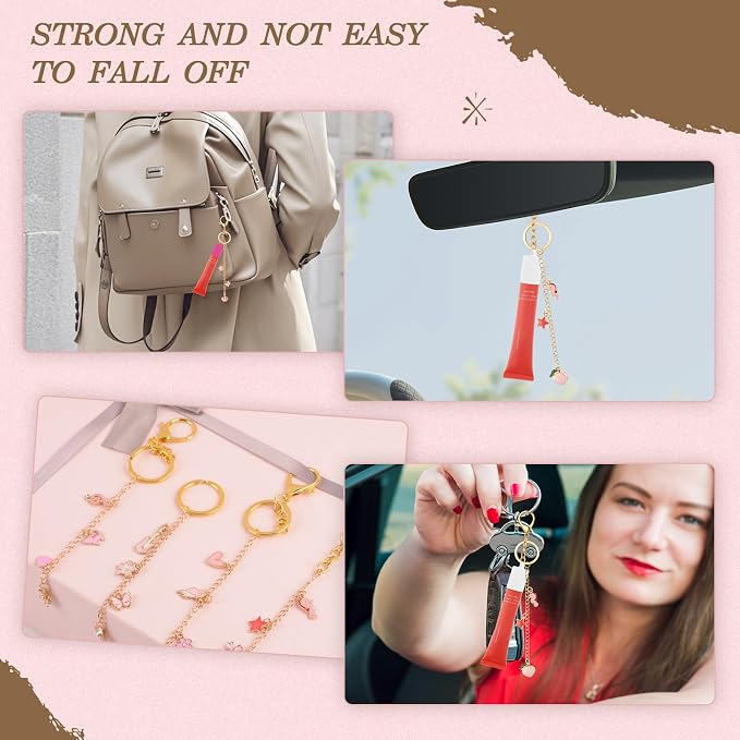 Pengxiaomei 135 Pcs DIY Keychain Making Kit for Women, 4 Pcs Lip Gloss Keychains Cap for Summer Fridays Personalized Mothers Day Gifts Bag Charm Kit with Pink Ornaments Jewelry Accessory