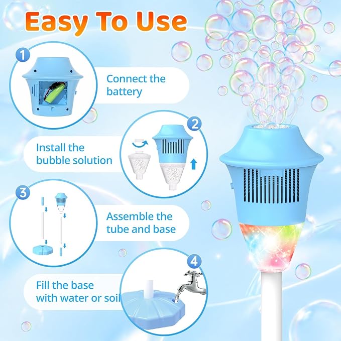 Bubble Machine for Kids: Rechargeable Bubble Blower Maker Torch with Light Music, 2 Batteries 47" Adjustable Height, Bubbles Wand Outdoor Toddler Toys for Summer Camping Wedding Backyard Pool Party