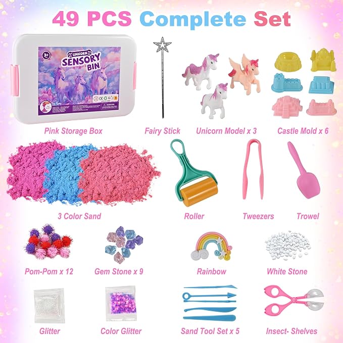 Faburo 48Pcs Unicorn Sensory Bin Sand Kit Toy for Toddler Girls with 3 Unicorns, Unicorn Toys for Girls Age 4-6, 6 Castle Molds, 2.2Lbs Color Sand, Learning Toys Birthday Gift for Kids Age 3 4 5