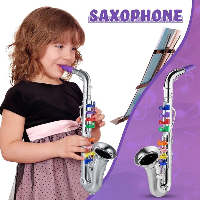 3 Pcs Kids Instruments Musical Toy Saxophone Trumpet Clarinet with 8 Color Coded Keys Educational Teaching Songs Gifts for Boys Girls Children Toddler Beginner Birthday Concert Party(Silver)