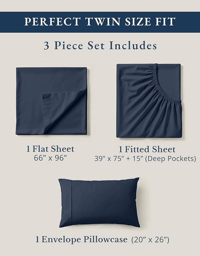 LANE LINEN Twin Sheet Set 100% Organic Cotton Cooling Soft 3pc - Navy | Twin Sheet Set, 100% Organic Cotton Percale - Great For Gifting, Easy-Care Machine Washable, Breathable For Year-Round Sleep