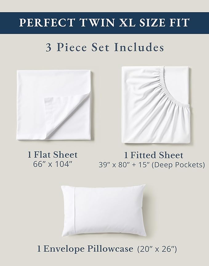 LANE LINEN 100% Organic Cotton White Twin XL Sheets Set 3-Piece Pure Percale Soft Bedding Breathable Fits Mattress Upto 15" Deep | GOTS Certified Organic Cotton Percale Twin XL Sheet Set - Naturally Cooling & Lightweight, Cool All Summer, Cozy All Winter