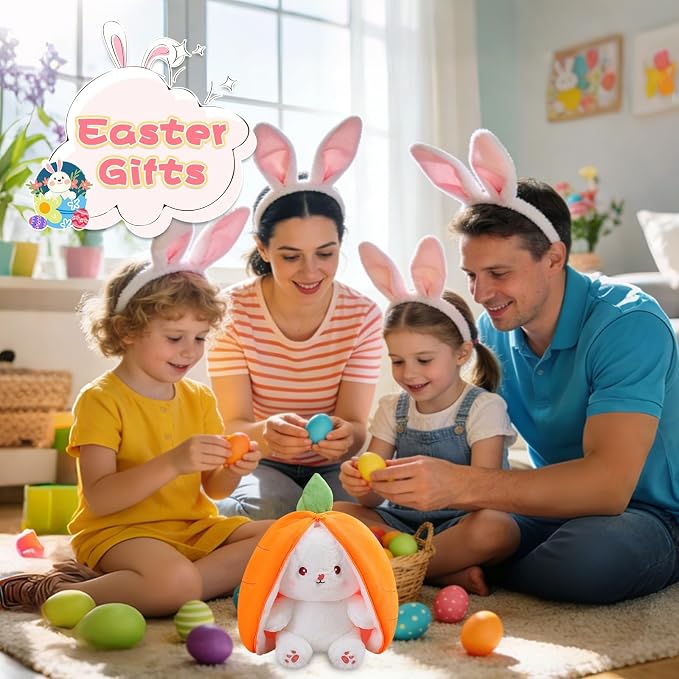 MIAODAM Cuddly Bunny Stuffed Animal, Kawaii Squishy Cute Easter Bunny Plush Turn Into Rabbit Fruit Doll Carrot Strawberry, Plushies Funny Bunny Toy for Kid (Carrot Rabbit, 10inch)