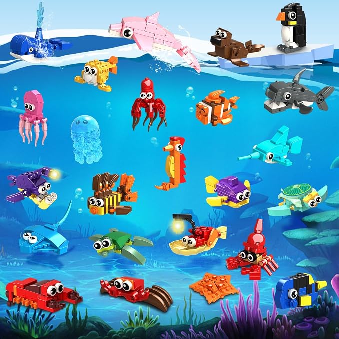 HOGOKIDS 24 Pack Party Favors for Kids Building Set - 629PCS Mini Marine Animals Blocks Toy for Easter Valentines Day Goodie Bag Stuffers Classroom Prizes Gifts fo Kids Boy Girl Student Ages 6-12
