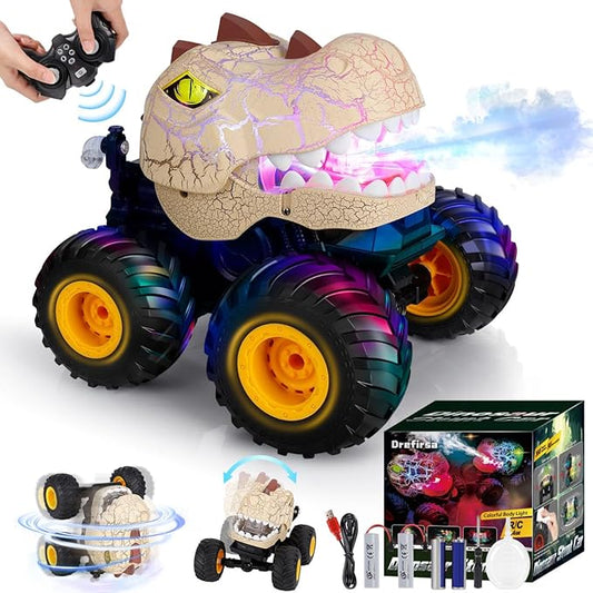 Drefirsa Dinosaur Remote Control Car for Kids Ages 3-5 6-12, Remote Control Monster Truck with Spray, Light, 360° Rolling&90° Driving, All Terrain Dinosaur Toy for Boys Birthday Gift
