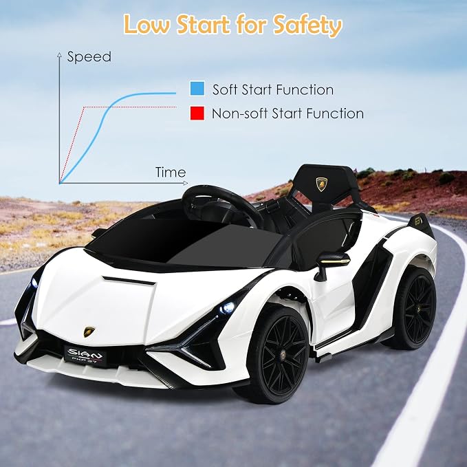 OLAKIDS Kids 12V Licensed Lamborghini SIAN Ride On Car, Electric Vehicle for Toddler with Control Remote, Battery Powered Toy with Music, Horn, 2 Speeds, Suspension, LED Lights, Bluetooth, USB (White)