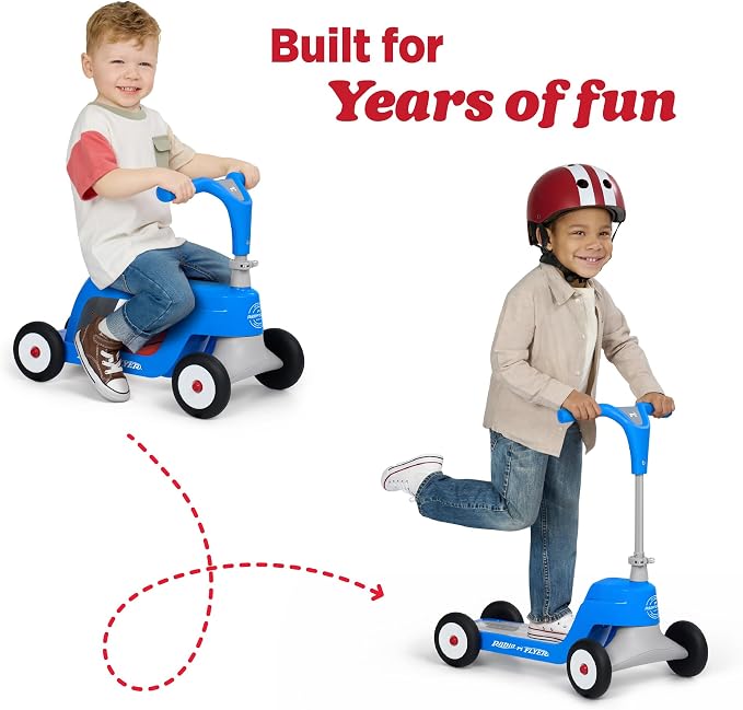 Radio Flyer Scoot 2 Scooter, Blue/Red/Pink, for Kids Ages 1-4, Ride On Toy or 4-Wheel Kids Scooter, Durable Wheels and Frame, Converts Easily with Flip Deck, Toddler Ride On Toys (Amazon Exclusive)