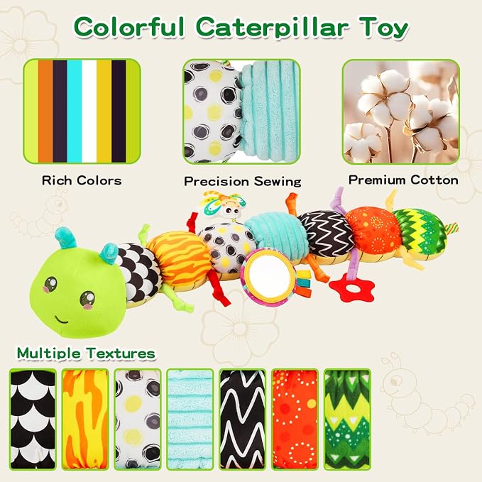 Baby Toys Musical Caterpillar for 0-12 Months, Infant Stuffed Animal with Mirror, Crinkle & Rattle, Tummy Time Toy for Newborn 3 6 9 12 18 Months, Baby Shower Gifts for Boys and Girls