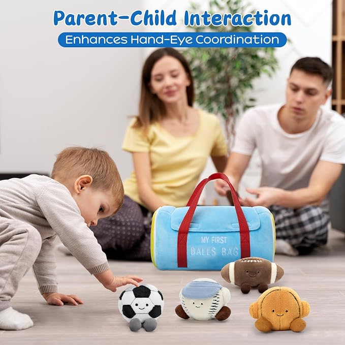 MaoGoLan 12.6 Inch My First Sports Bag Plush Toy, Baby Sports Toys with 4 Pcs Soft Stuffed Ball Plushy - Basketball, Baseball, Football and Soccer, Ideal Baby Shower Birthday Gift for Boys Girls