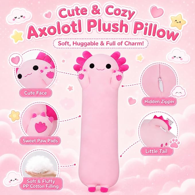 Long Axolotl Stuffed Animals 19.7inch, Soft Long Axolotl Plush Pillow Cute Plush Pillow Gifts for Kids Girlfriend, Pink