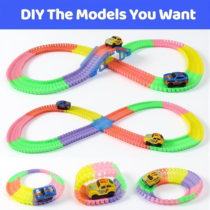 Race Tracks for Kids Ages 3 4 5 6 7 8, Flexible Race Track for Kids | Flexible Kids Race Track Set, GLow in The Dark, 300 PCS, Birthday Gifts for Boys Girls