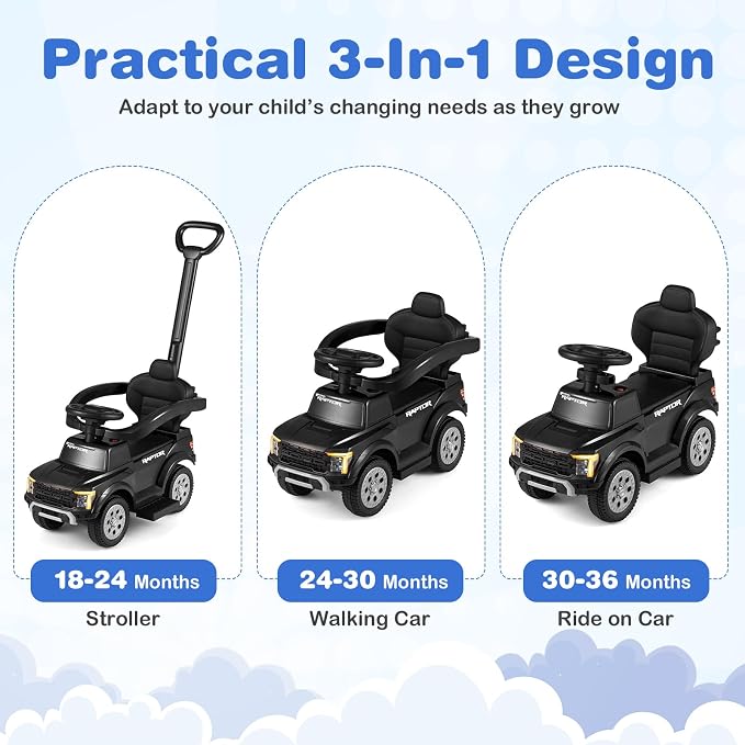 Costzon Ride On Push Car for Toddlers, 3-in-1 Ford Licensed Sliding Car w/Handle, Guardrail, Horn, Engine Sound, LED Lights, Under Seat Storage, Foot-to-Floor Kids Ride On Toys for Boys Girls (Black)